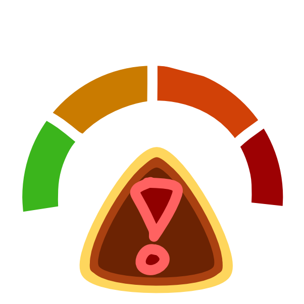 There is a segmented arched progress bar or gauge. Each segment is a different color,  green, yellow, orange, red. Situated under the center of the arch is a triangular yellow warning sign with a red exclamation point on it. Above the gauge are 3 straight emphasis lines. The image has white line art.